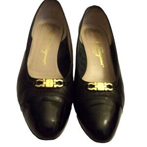 Salvatore Ferragamo Boutique Leather Shoes Sz 8.5 B  Black Gold Horse-Bit Italy